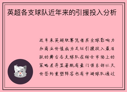 英超各支球队近年来的引援投入分析