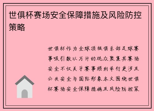 世俱杯赛场安全保障措施及风险防控策略